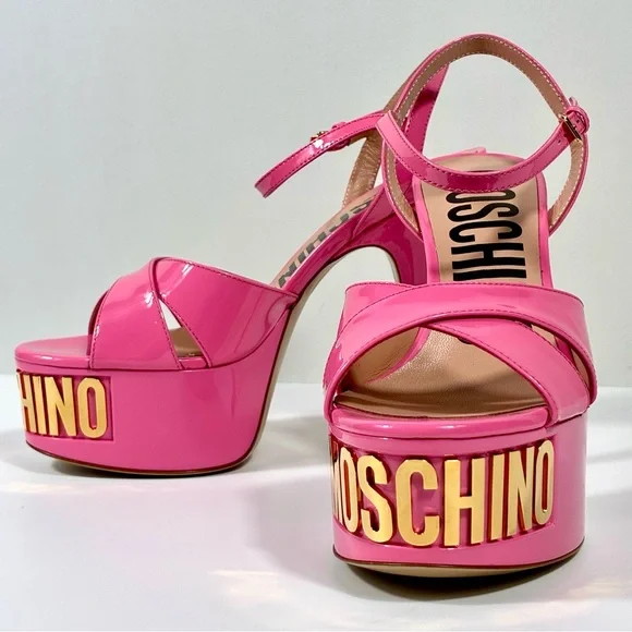 Moschino Logo Leather Platform Stiletto Sandals Heels Pink Gold NEW